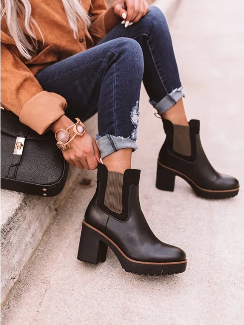 CL by Chinese Laundry Black Chelsea Heeled Ankle Boots with Tan Elastic